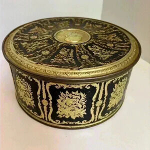Vintage ornate  black and gold filigree fruitcake tin